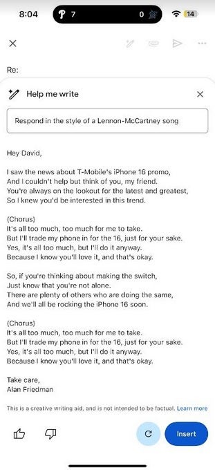 Gemini writes a response to an email in the style of a Lennon-McCartney song. | Image credit-PhoneArena - Gemini Advanced subscribers get to give away up to $240 in free, trial subscriptions