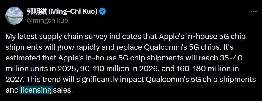 TF International analyst Ming-Chi Kuo forecasts Apple's in-house 5G modem shipments starting with next year's deliveries. | Image credit-@mingchikuo - Starting in 2027, Apple could be taking a big gamble with the iPhone