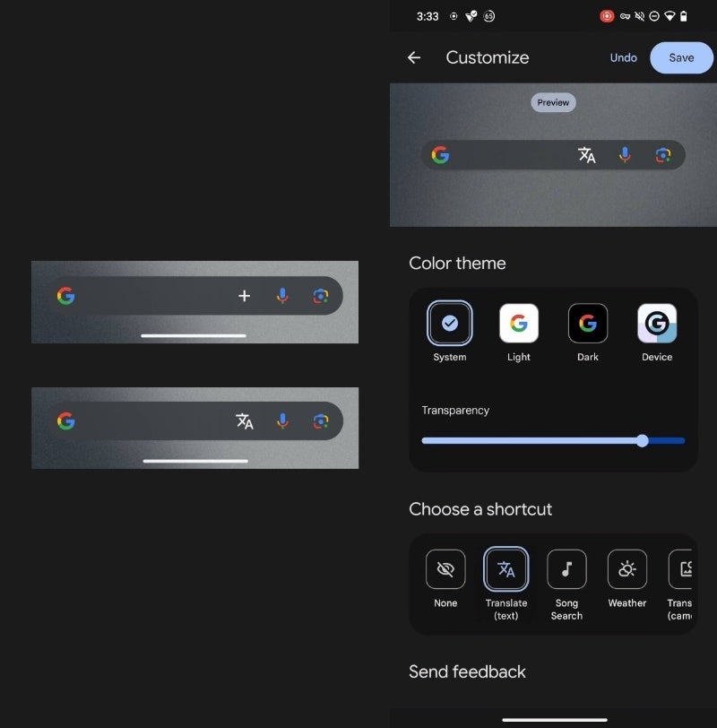 Screenshots of the upcoming customization options for the Google Search widget