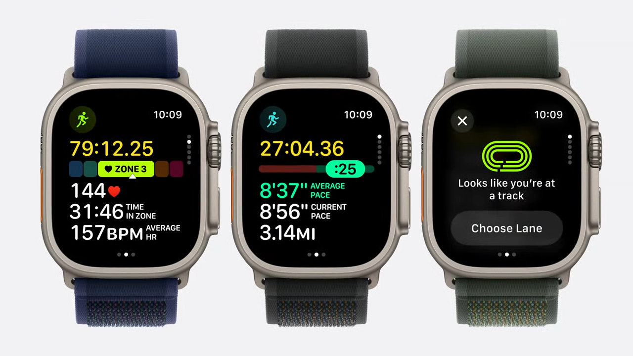 The Apple Watch Ultra 2 in three different band options next to each other.