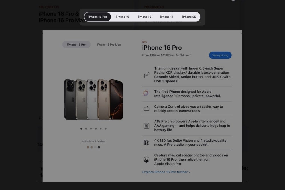 Screenshot from Apple online store showing the listing for the iPhone 16 and the new iPhone lineup