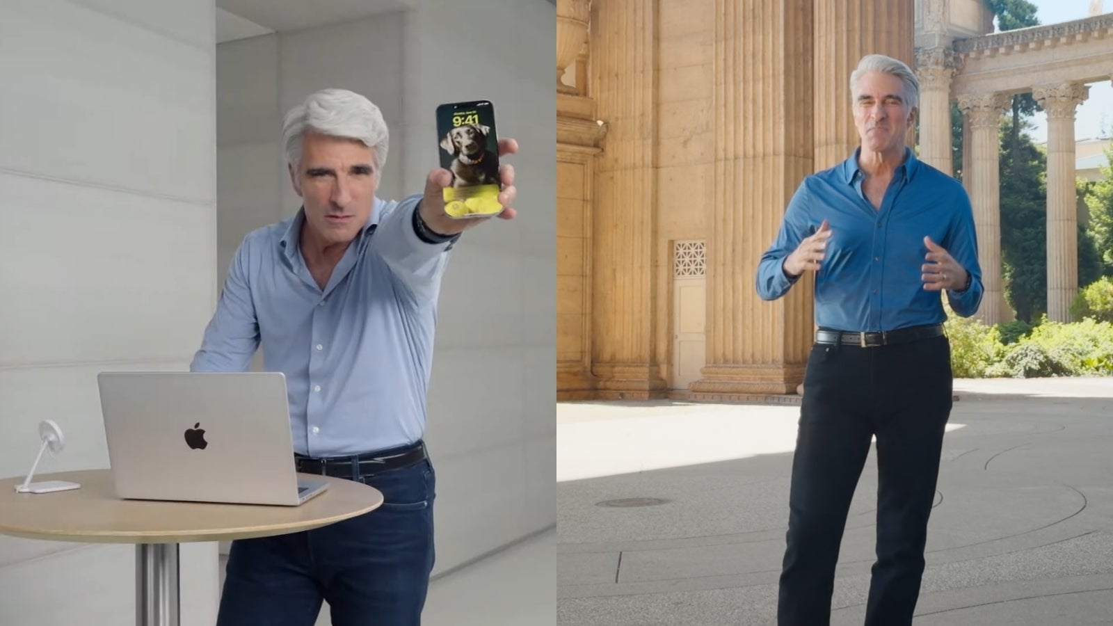 A photo of Craig Federighi holding up an iPhone 15 Pro at Apple&amp;#039;s WWDC event.