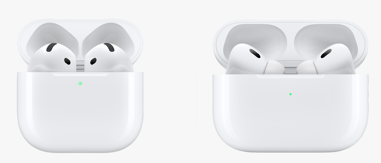 AirPods 4 next to AirPods Pro 2, both in white color. 