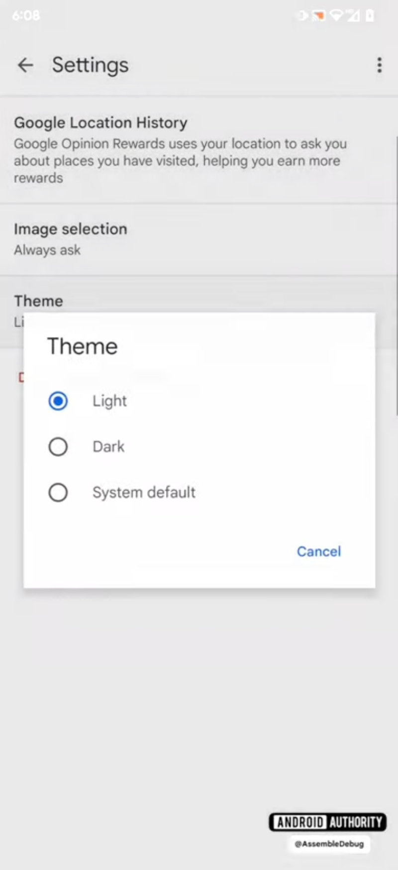 Screenshot showing the Light theme option within the app.