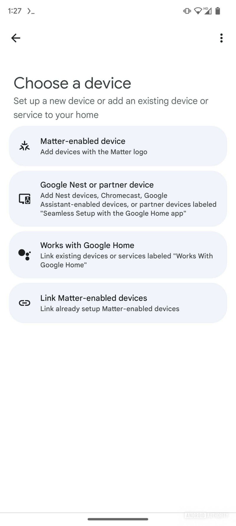 A screenshot of the Google Home app allowing you to link existing Matter devices