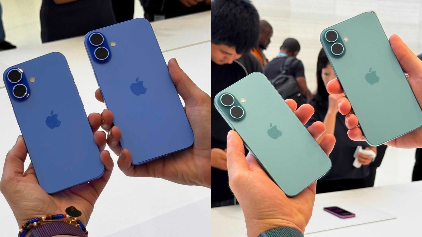 iPhone 16 hands on images, showing off Blue and Teal colors.