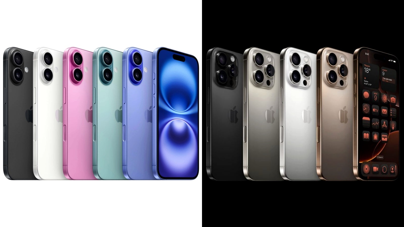 iPhone 16 colors next to iPhone 16 Pro colors - official Apple photos.