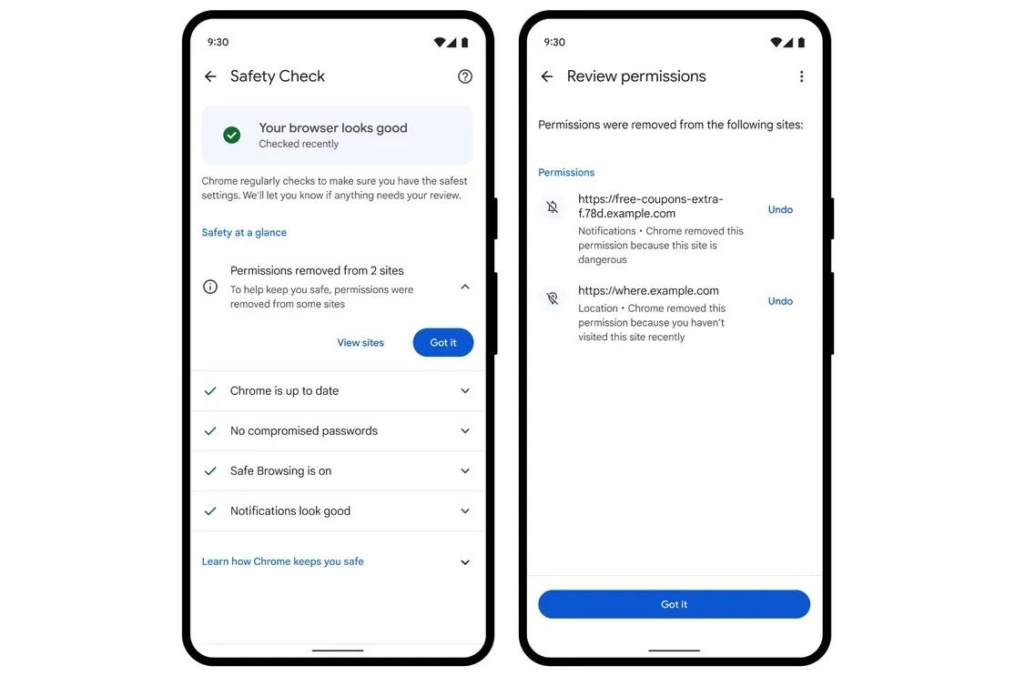 Screenshots of Chrome safety check features