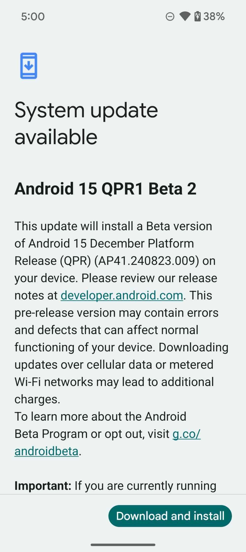 Screenshot of Android 15 QPR1 beta 2 rolling out to the Pixel 9