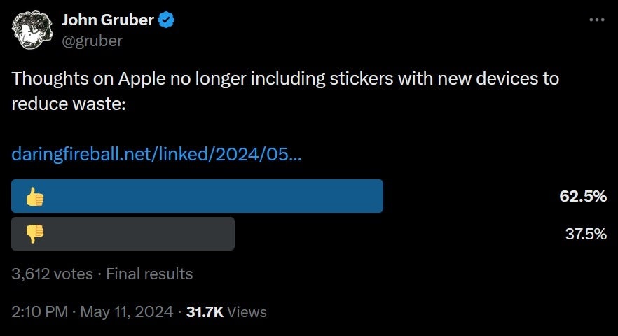 Back in May Jon Gruber found that most consumers were okay with the idea of Apple dropping the stickers from new product boxes. | Image credit-X - Apple removes another item from the iPhone box this year