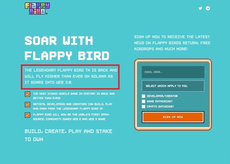 The new Flappy Bird game is connected to the SOL crpto according to this page discovered by a security researcher. | Image credit-Varun Biniwale - Warning! Flappy Bird revival seems to be about getting you to buy cryptocurrency