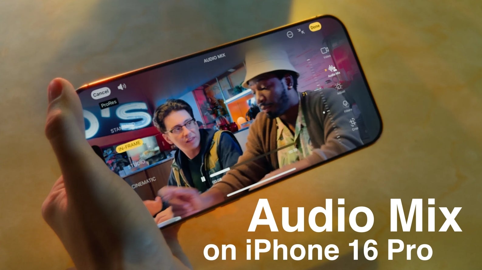 Audio Mix feature demoed on iPhone 16 Pro.