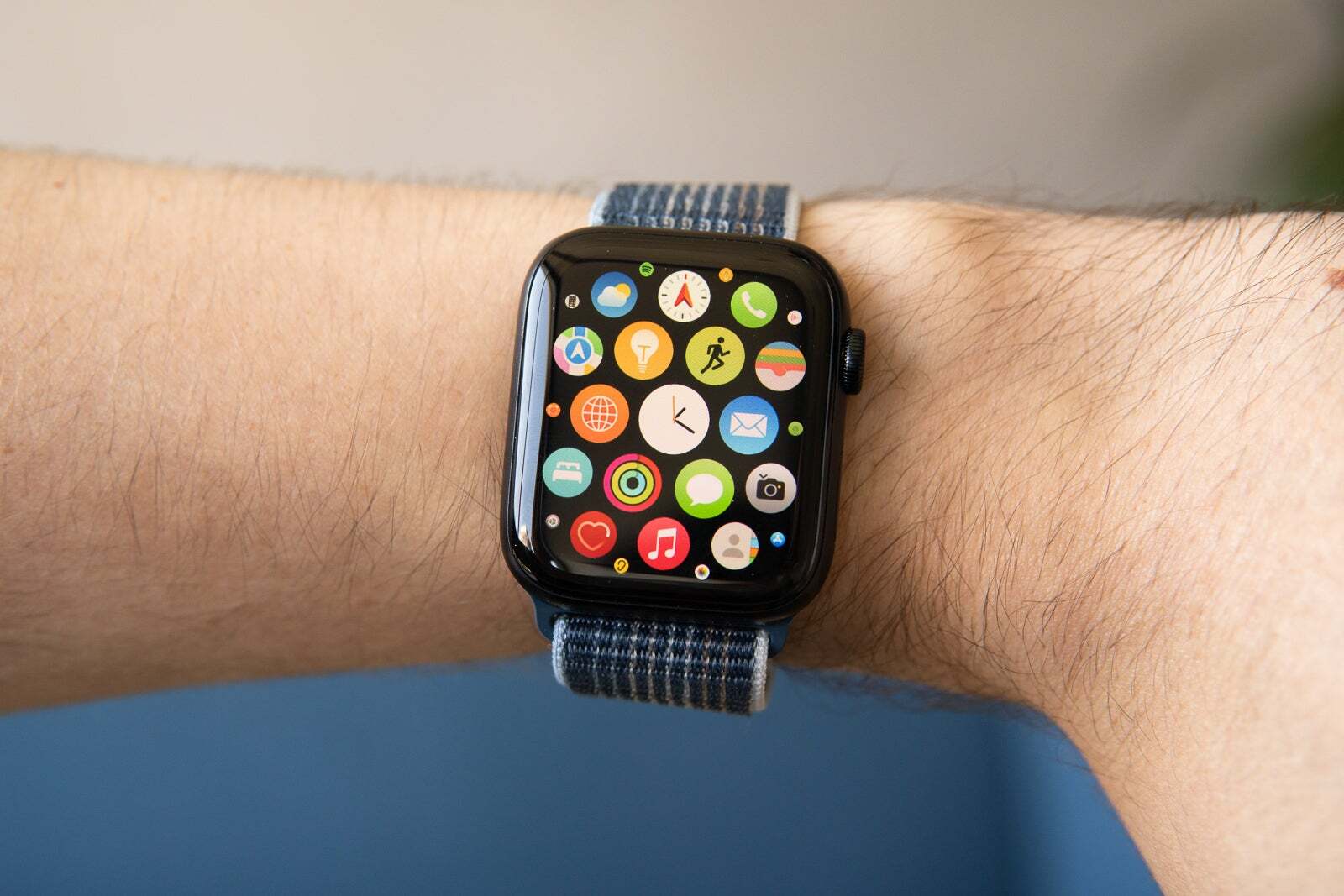 Photo of the hand of a person wearing an Apple Watch