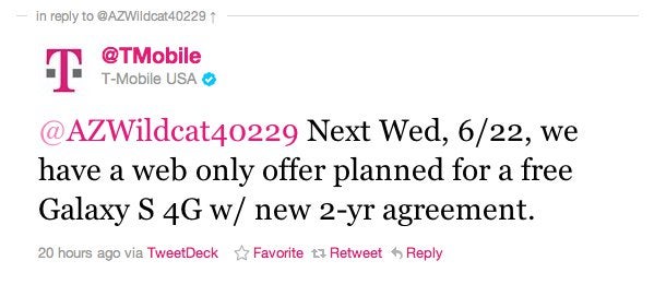 T-Mobile hints that the Samsung Galaxy S 4G will be on sale for free come June 22