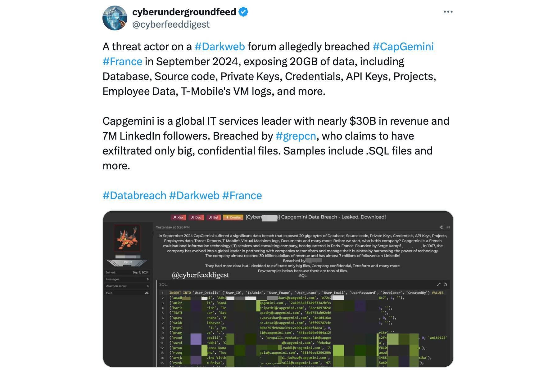 A hacker apparently managed to breach Capgemeni&#039;s system. | Image Credit -&amp;nbsp;cyberundergroundfeed on X - Internal T-Mobile files and other confidential info allegedly stolen by hacker and put up on a forum