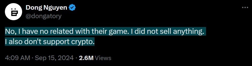 Flappy Bird developer Doug Nyugen says that he has nothing to do with the scammy crypto-involved revival of the game. | Image credit-Dough Nyugen - Original Flappy Bird developer is not involved in scammy crypto-based reboot