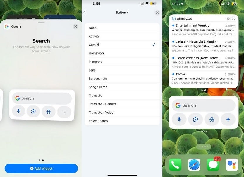 Adding a customizable shortcut budget to the medium Google Search widget. | Image credit-PhoneArena - Google updates medium iOS Google Search widget with four shortcut buttons