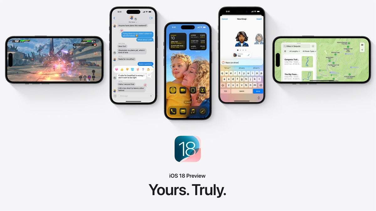 Several iPhones on a bright background, showing the new iOS 18 features and functions.