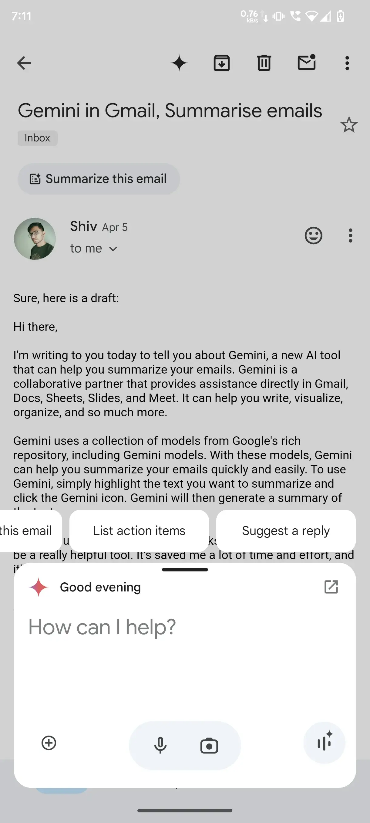 Screenshot of Gemini Assistant showing Gmail-specific options to the user.