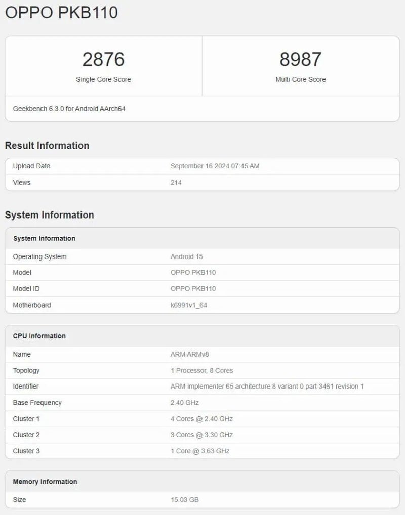 Oppo Find X8 Geekbench results.