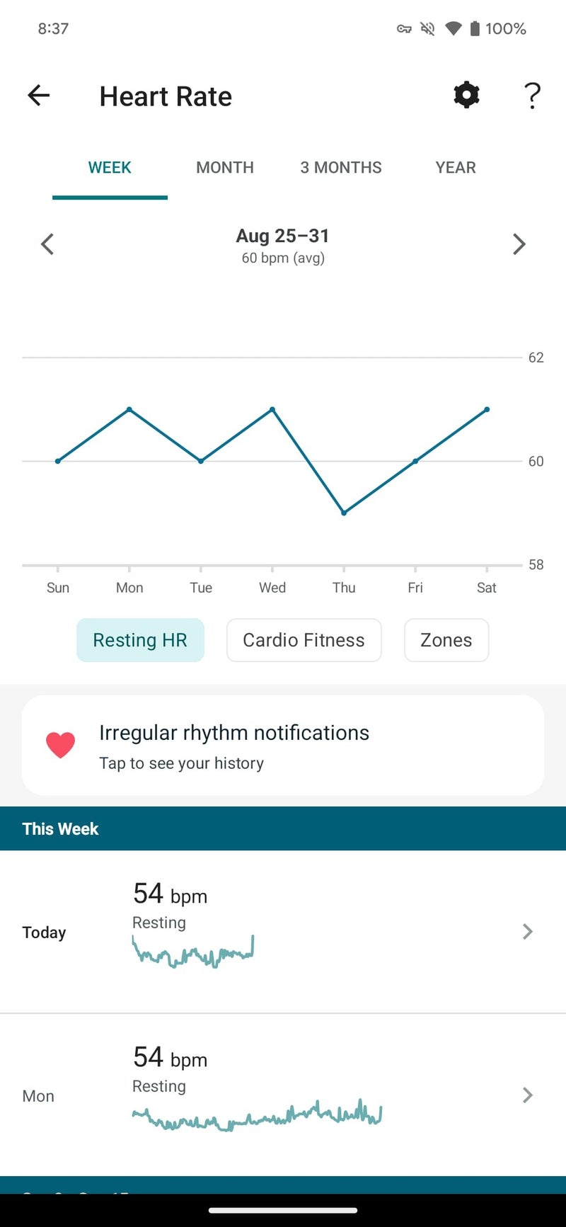 Screenshot of old Fitbit heart rate data page