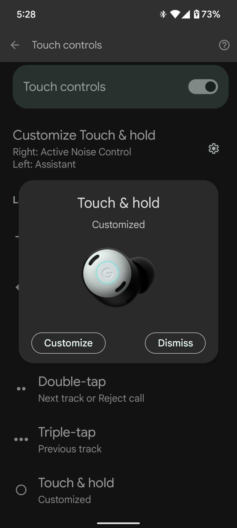 Screenshots of the Google Pixel Buds touch and hold settings