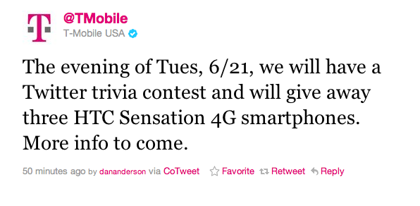 T-Mobile tweeted to announce a Tuesday Trivia contest and will give away three HTC Sensation 4G units - T-Mobile having Tuesday Twitter Trivia contest to give away 3 free HTC Sensation 4G units