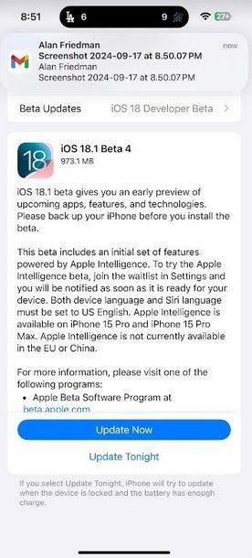 Apple releases iOS 18.1 developer beta 4. | Image credit-PhoneArena - iOS 18.1 developer beta 4 good news for iPhone 15 Pro, 15 Pro Max cameras