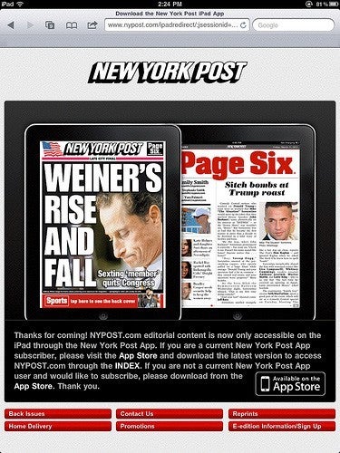 New York Post blocks Apple iPad users from reading its web site without paying for a subscription