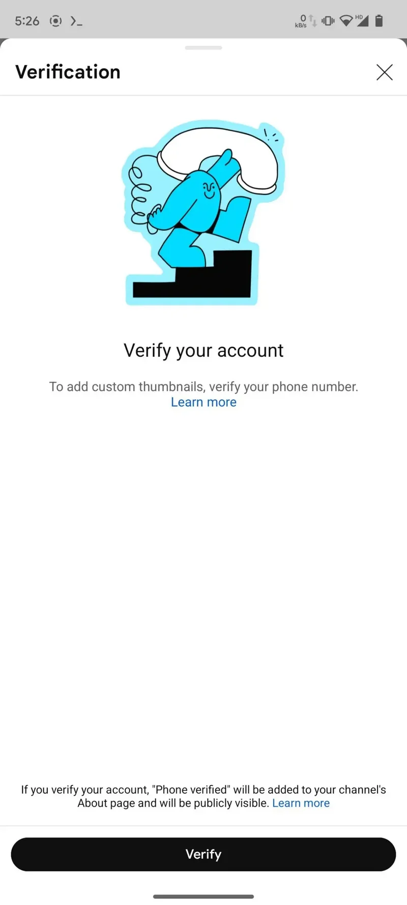 Screenshot of the display to verify your phone number with your YouTube account.