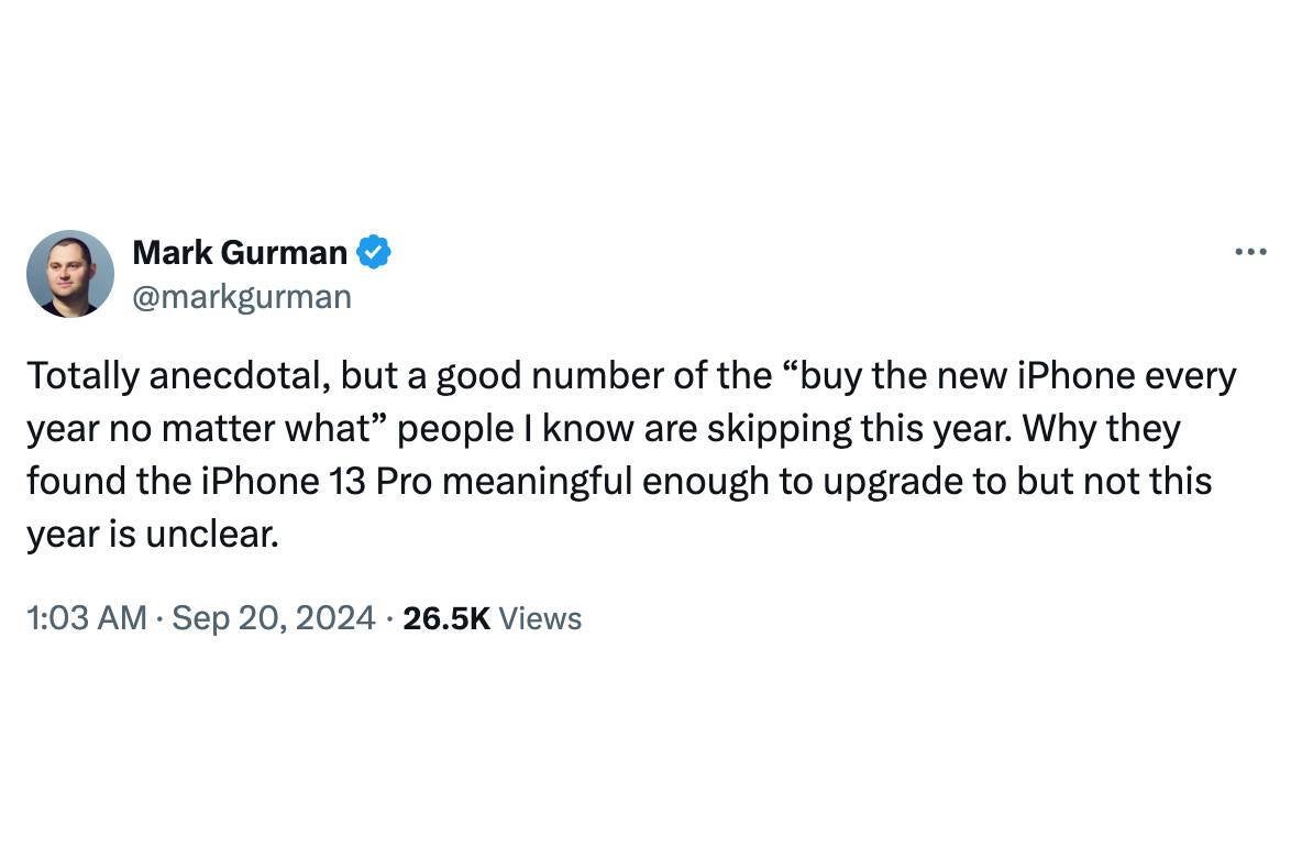 Even Apple loyalists have turned their back on the iPhone 16 apparently. | Image Credit - Mark Gurman, X - T-Mobile CEO shares inside info about iPhone 16 sales