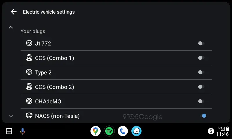 Android Auto screenshot showing the new added NACS support for non-Tesla cars.