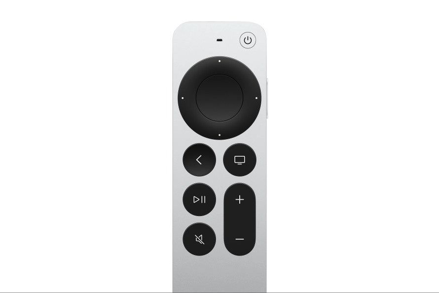 Siri remote for Apple TV displayed on a white background. 