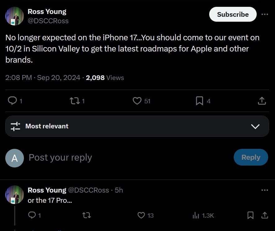 Young tweets that he no longer expects iPhone 17 Pro models to have under-display Face ID. | Image credit-Ross Young - Top leaker admits he made a mistake by tweeting that under-display Face ID is coming in 2025