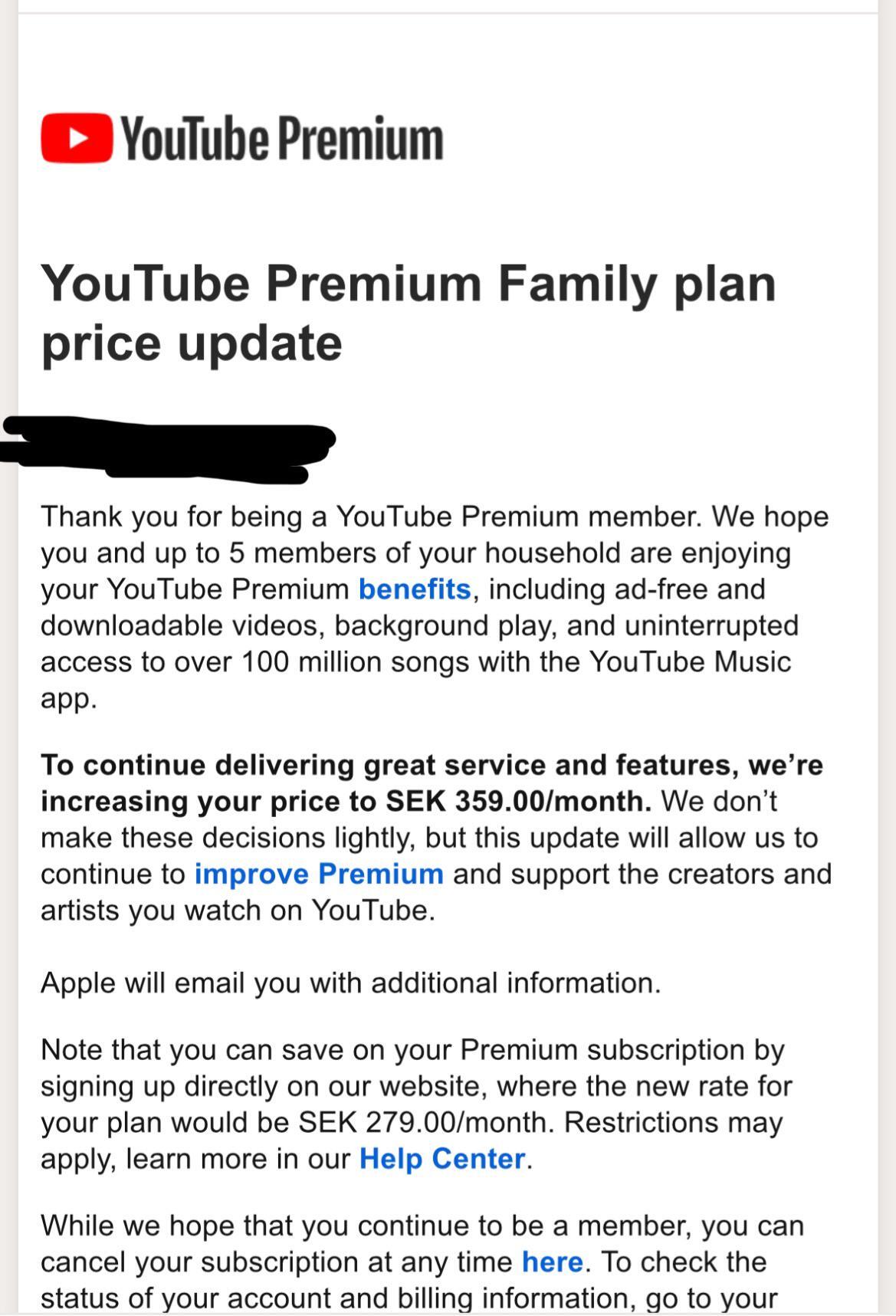 A screenshot of an email sent to YouTube premium subscribers