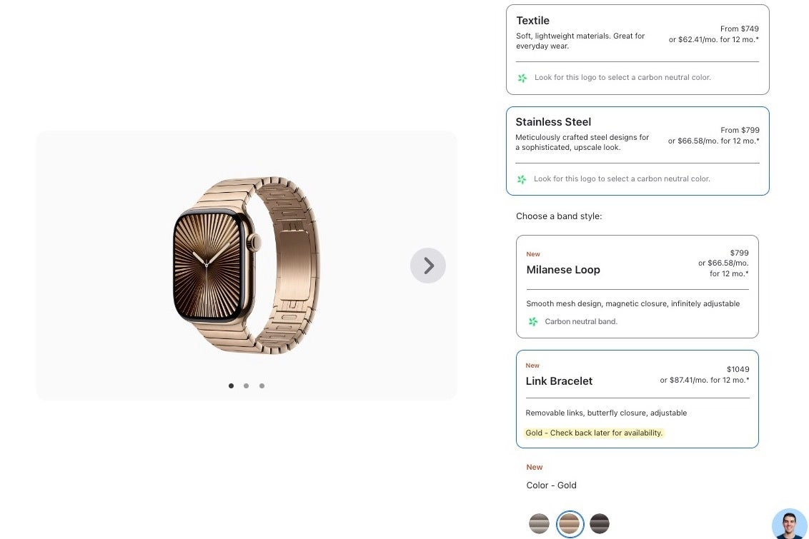 An image of the gold apple watch series 10 on the apple online store