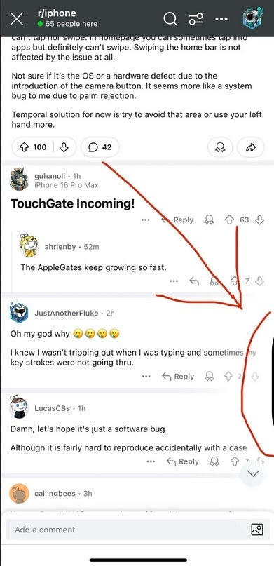 Menyentuh area kecil di dalam setengah lingkaran secara tidak sengaja menyebabkan input ditolak pada seri iPhone 16 Pro. | Kredit gambar-u/LucasCBs, pelanggan Reddit - Masalah utama dengan layar membuat beberapa pengguna iPhone 16 Pro berharap bahwa mereka memiliki masalah perangkat lunak