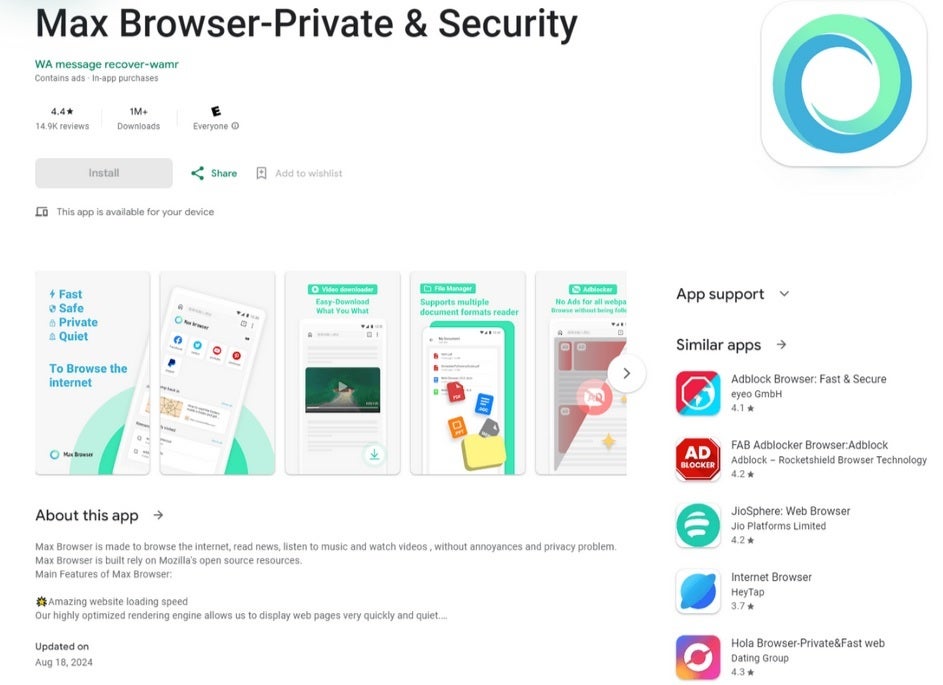 Aplikasi Max Browser telah diinstal lebih dari 1 juta kali dari Google Play Store. | Kredit gambar-Kaspersky - Jika Anda memiliki salah satu aplikasi yang terinfeksi ini di ponsel Android Anda, aplikasi tersebut harus dihapus instalasinya sekarang