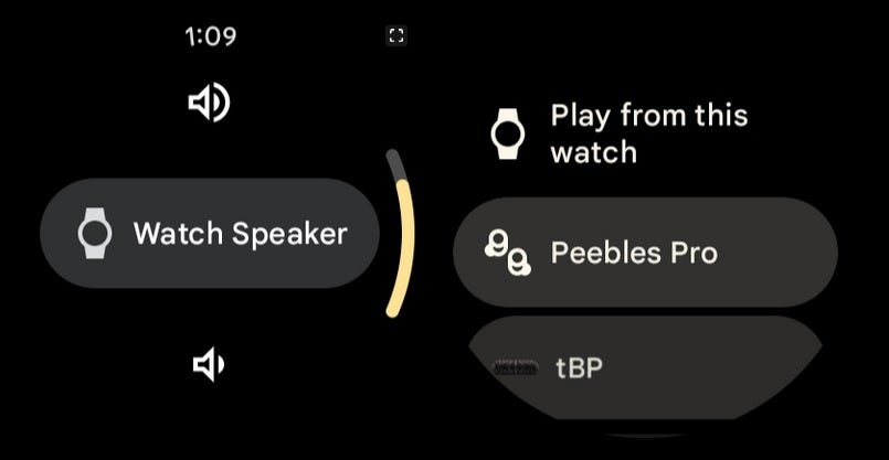 The media output switcher allows users to choose which device should play media and show information about what is currently playing. | Image credit-9to5Google - Wear OS 5 comes to older Pixel watches