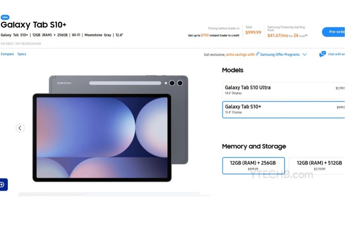 Premature Galaxy Tab S10+ US pre-order listing
