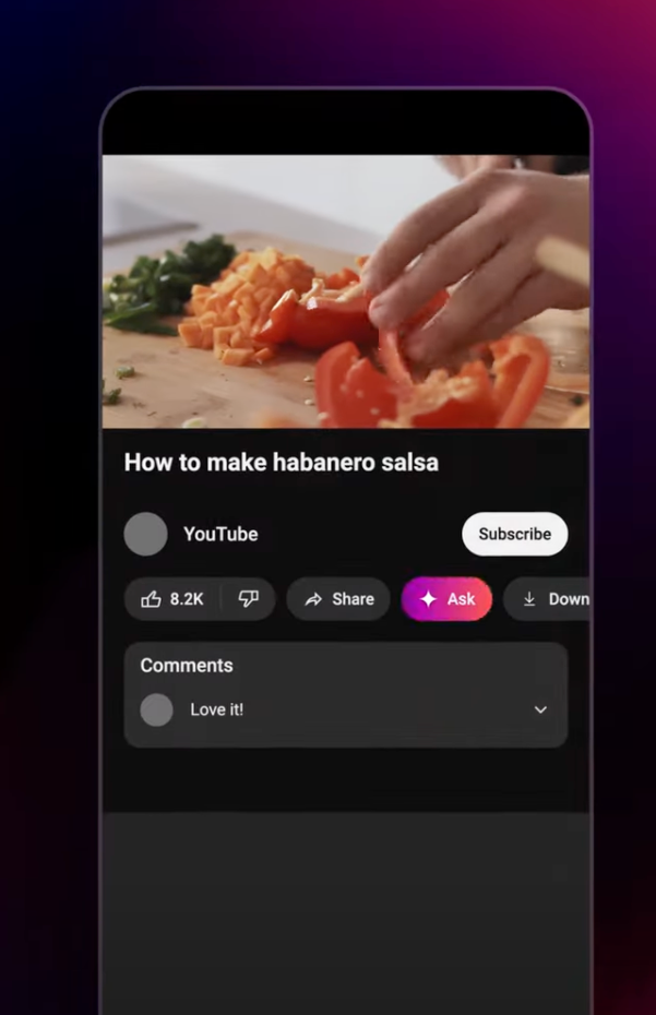 Screenshot of YouTube Premium new Ask button. 