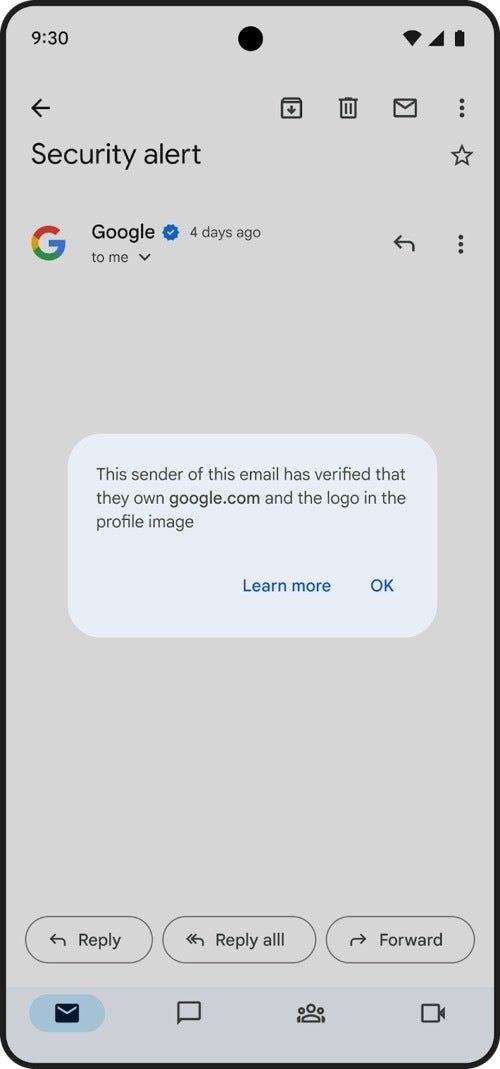 A screenshot of the Gmail app displaying a warning