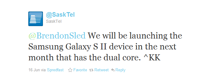 A leaked screenshot (L) reveals a July 14th launch for the Samsung Galaxy S II on Bell, while a tweet (R) from SaskTel confirms a July launch for the same device - Bell to offer Samsung Galaxy S II on July 14th