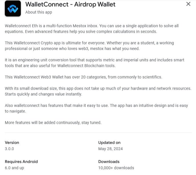 Play Store listing for scammy WalletConnect app.