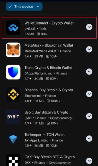 Play Store search for WalletConect had the scam app listed on top.