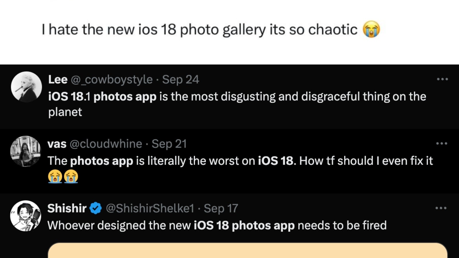 User tweets about the new iOS 18 Photos app.