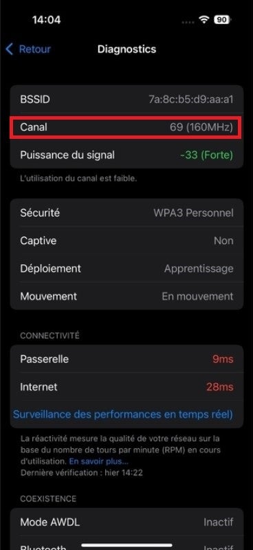 Screen shot of diagnostic test shows how Apple caps Wi-Fi 7 on iPhone 16 Pro to a channel width of 160 MHz instead of 320 MHz.