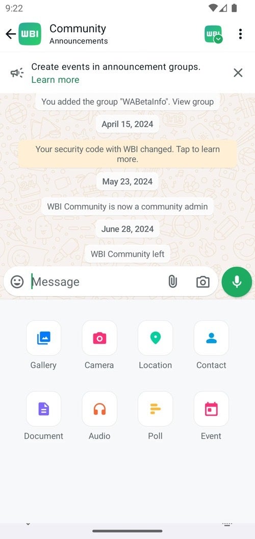 Screenshot from WhatsApp community announcements page