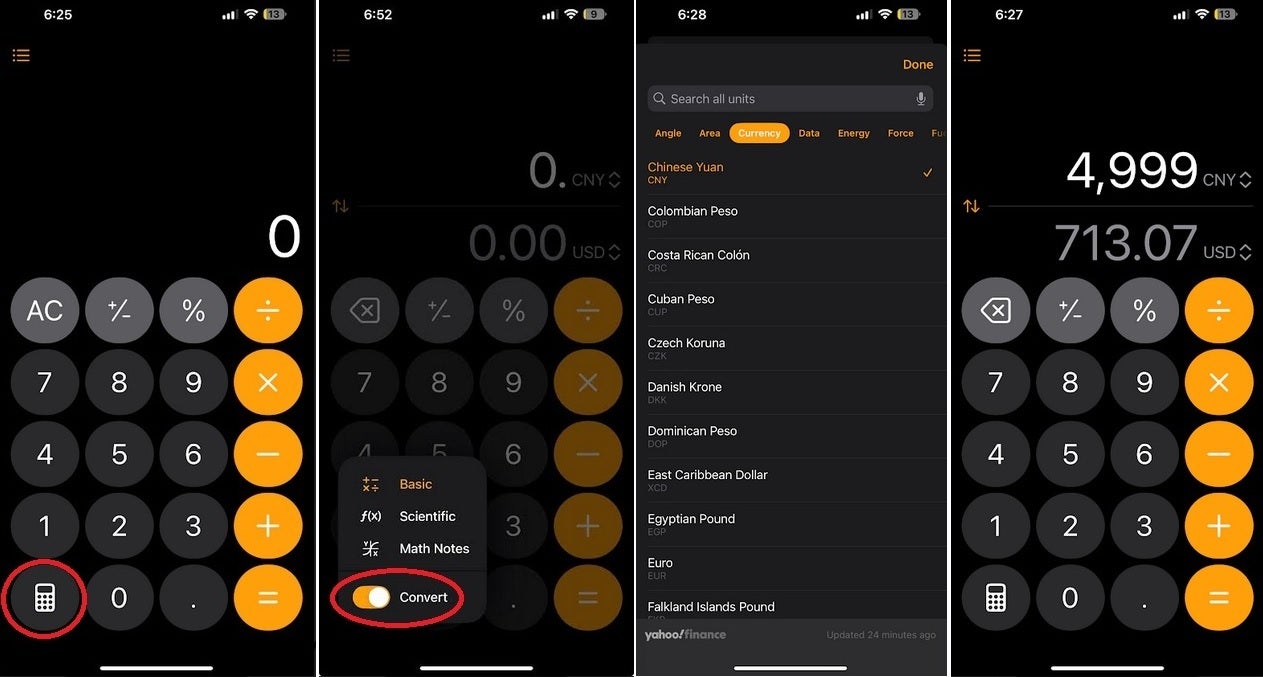 Images shopw howe to use iOS calculator to do foreign exchange calculations.