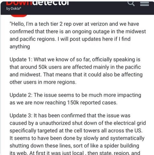 A message on DownDetector from a purported Verizon technician gives an unconfirmed reason for the outage. | Image Source: Mashable – Unauthorized shutdown has reportedly caused Verizon service to go down "full" restored